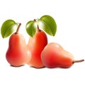 Three red juicy realistic pear, close-up on white background,