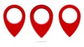 Three red pins. Empty map markers. Vector location pointers. Simple outline shapes Royalty Free Stock Photo