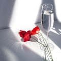 Three red poppies flowers on white table with contrast sun light and shadows and wine glass with water close Royalty Free Stock Photo