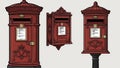 Three Red Post Boxes with Gold Details and Crown Emblems in Different Styles Royalty Free Stock Photo