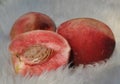 Three mellow juicy peaches on fur Royalty Free Stock Photo