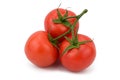 Three red ripe tomatoes on one green twig. The tight red skin reflects light Royalty Free Stock Photo