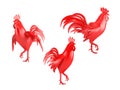 Three red roosters