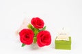 three red rose flower in bunch with love bag on green gift box on white background Royalty Free Stock Photo