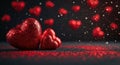 Close-up of three bright sequined hearts with dark and moody atmosphere. Abstract shiny background for passion and romance. Royalty Free Stock Photo