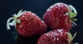 Three red strawberries on dark background,seasonal local fresh berry, packshot