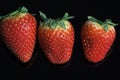 Three red strawberries in a row on a black background Royalty Free Stock Photo