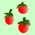 Three red tomatoes with leaves flat illustration. Cartoon drawing. Healthy organic food. For covers, menu, grocery store, logo