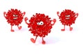 Three red virus with arms, legs and face