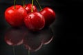 Three red wet cherries against reflective black background in st Royalty Free Stock Photo