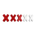 Three Red X Marks and Two White X Marks in a Row on White Background cross Royalty Free Stock Photo