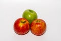 Three red, yellow and green apples isolated on a white background Royalty Free Stock Photo
