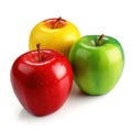 Three red, yellow and green apples with water drops. AI generative illustration Royalty Free Stock Photo