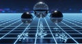 Futuristic Grid World with Glowing Spheres and Digital Map Reflections Royalty Free Stock Photo
