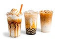 Three refreshing bubble tea drinks isolated on white background Royalty Free Stock Photo