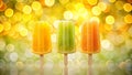 Three refreshing fruit popsicles on a bright, summery background. Generative AI Royalty Free Stock Photo