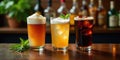 Three refreshing iced drinks on a dark wood bartop, garnished with fresh herbs and fruit. Generative AI Royalty Free Stock Photo