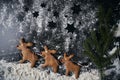 Three reindeer gingerbread cookies on powdered sugar