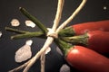 Three related twine red hot peppers on a blackboard. tinted