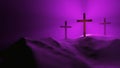 Three religious crosses during abstract sunset on jerusalem hill, spiritual symbol to celebrate resurrection of Christ Royalty Free Stock Photo