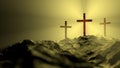 Three religious crosses during abstract sunset on jerusalem hill, spiritual symbol to celebrate resurrection of Christ