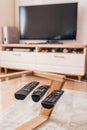 Three remote controls - smart home - stay home - remotely control devices Royalty Free Stock Photo