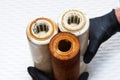 Three replaceable used water filters. Replaceable dirty filters for filtration of reverse osmosis water.