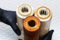 Three replaceable used water filters. Replaceable dirty filters for filtration of reverse osmosis water.