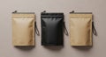 Three resealable pouches with ziplock closure and tie string for packaging and branding mockup Royalty Free Stock Photo