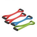 Three resistance bands are displayed on a white background. Each band features blac Royalty Free Stock Photo