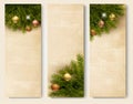 Three retro holiday banners with christmas tree br