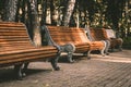 Three retro old bench benches in the park there are no people, sunset light creates shadows and overexposures, a little Royalty Free Stock Photo