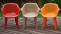 three Retro plastic chairs. Plastic furniture, chair, table, stool. generative ai Royalty Free Stock Photo