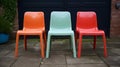 three Retro plastic chairs. Plastic furniture, chair, table, stool. generative ai