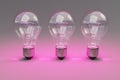 three retro style lightbulbs with glowing filament standing in a row on infinite colorful background creativity design concept