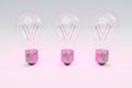 three retro style lightbulbs with glowing filament standing in a row on infinite colorful background creativity design concept