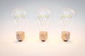 three retro style lightbulbs with glowing filament standing in a row on infinite white background creativity design concept 3D Royalty Free Stock Photo