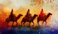 Three riders on horseback in vibrant sunset colors with abstract splashes Royalty Free Stock Photo
