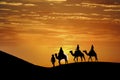 Three Riders And Their Handler Travel Through The Saharan Desert On Their Camels In Morocco Royalty Free Stock Photo