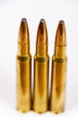 Three rifle bullets close up Royalty Free Stock Photo