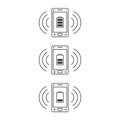 Ringing line art icons of smartphones with different levels of charging and signal waves