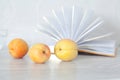 Three ripe apricots on background of open pages of book Royalty Free Stock Photo