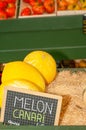 Three, ripe canari melons and sale sign, in hay