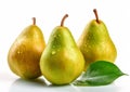 Three ripe fresh pears with leaf on white background.Macro.AI Generative Royalty Free Stock Photo