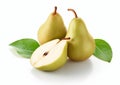 Three ripe fresh pears with leaves on white background.Macro.AI Generative Royalty Free Stock Photo