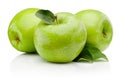 Three ripe green apples with leaf isolated on white background Royalty Free Stock Photo