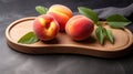 Ripe Peaches On Wooden Board: Larme Kei Style With Soft Lighting
