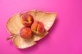 Three ripe peaches lie in a carved wooden plate Royalty Free Stock Photo