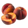 Three ripe peaches, one sliced open showing juicy interior, white background Royalty Free Stock Photo