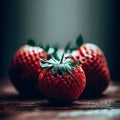 Three ripe red strawberries on a wooden table, fresh organic natural fruit with vitamins, generative ai Royalty Free Stock Photo